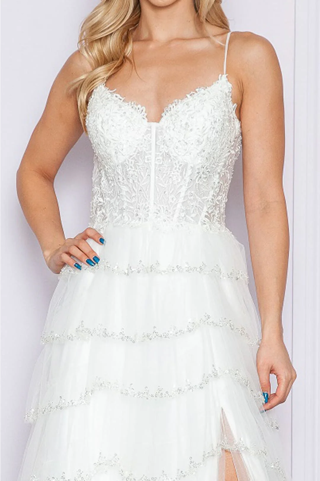 Poly USA 9404B Beaded Embroidered Wedding Ruffle Mesh Off-White Gown - Image 4