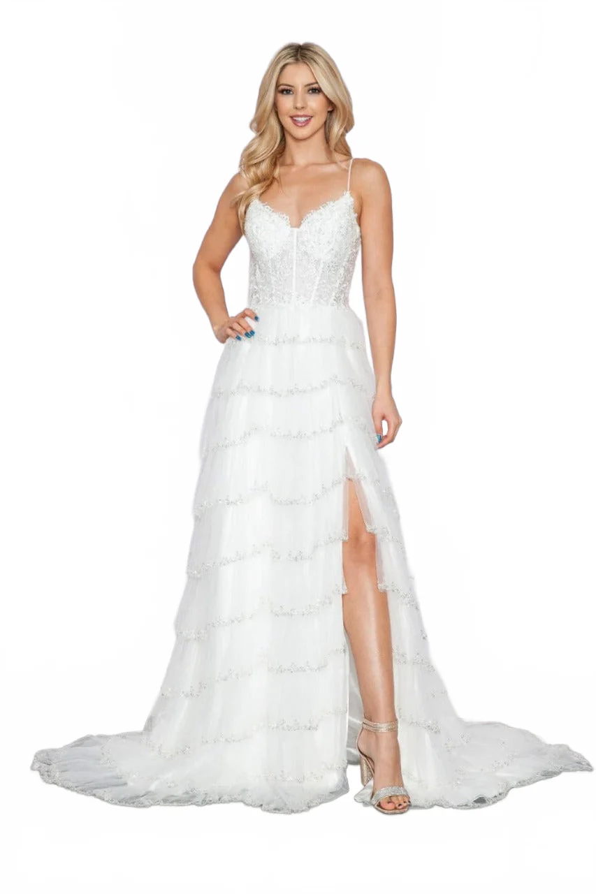 Poly USA 9404B Beaded Embroidered Wedding Ruffle Mesh Off-White Gown - Image 5