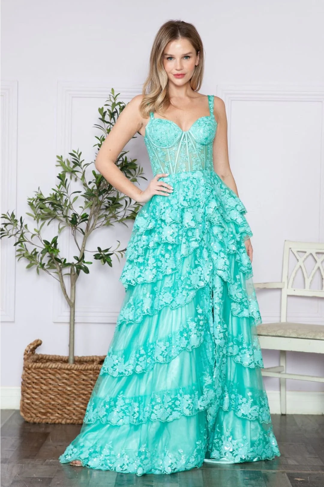 Poly USA 9410 Corset Floral Lace Embroidered Ruffle Prom Gown - Image 3
