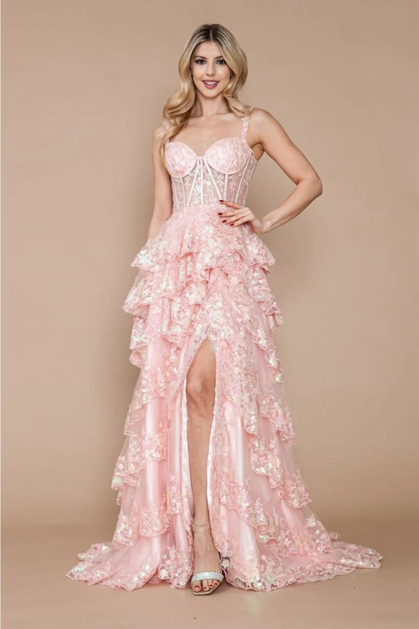 Poly USA 9410 Corset Floral Lace Embroidered Ruffle Prom Gown - Image 4