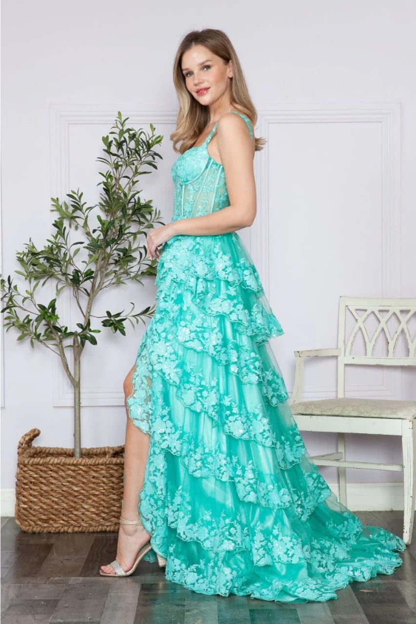 Poly USA 9410 Corset Floral Lace Embroidered Ruffle Prom Gown - Image 6