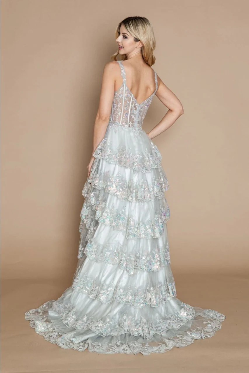 Poly USA 9410 Corset Floral Lace Embroidered Ruffle Prom Gown - Image 7