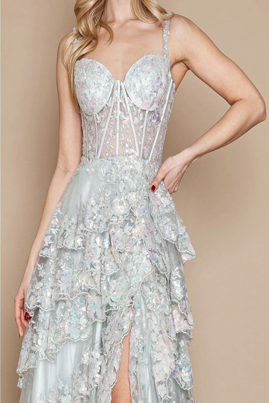 Poly USA 9410 Corset Floral Lace Embroidered Ruffle Prom Gown - Image 9