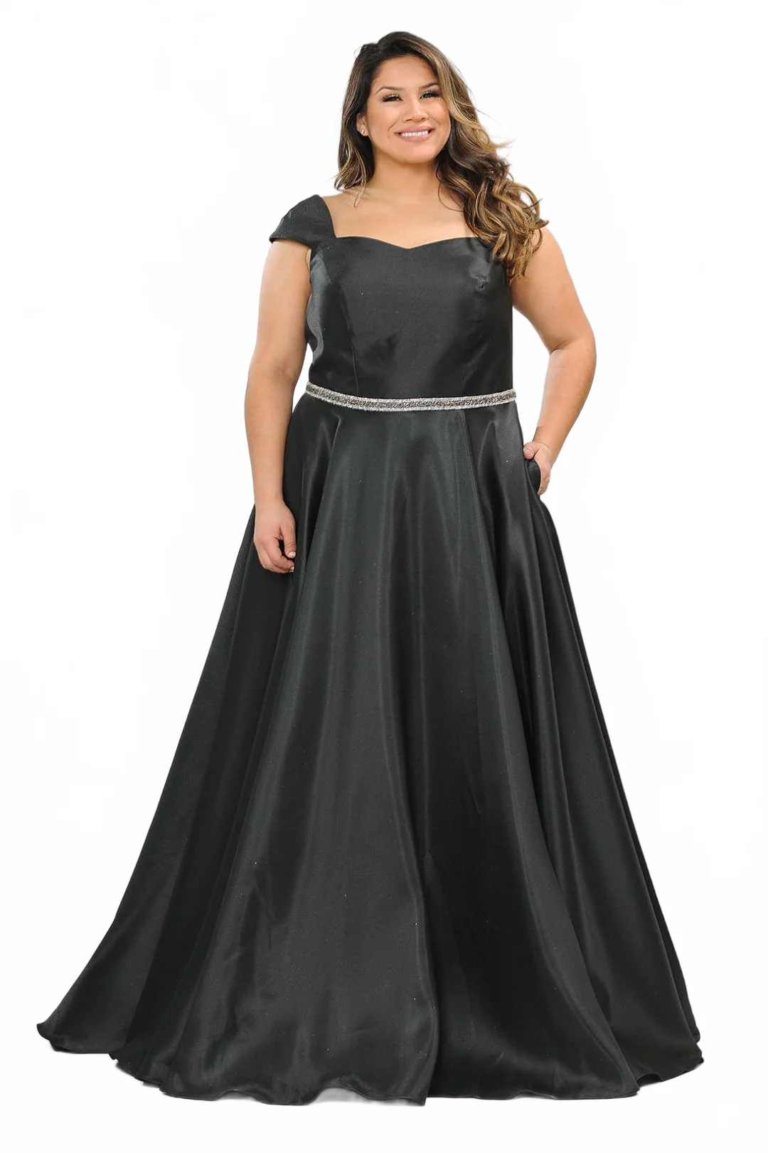Poly USA W1104BL Simple Cap Sleeve A-Line Prom Black Plus Size Dress - Image 5