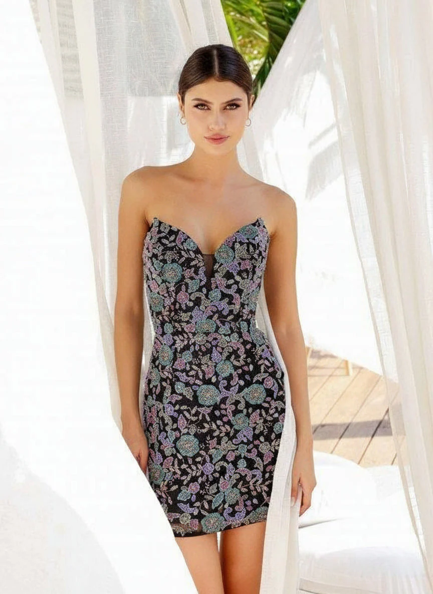 Primavera Couture 4237 Short Beaded Floral Homecoming Dress