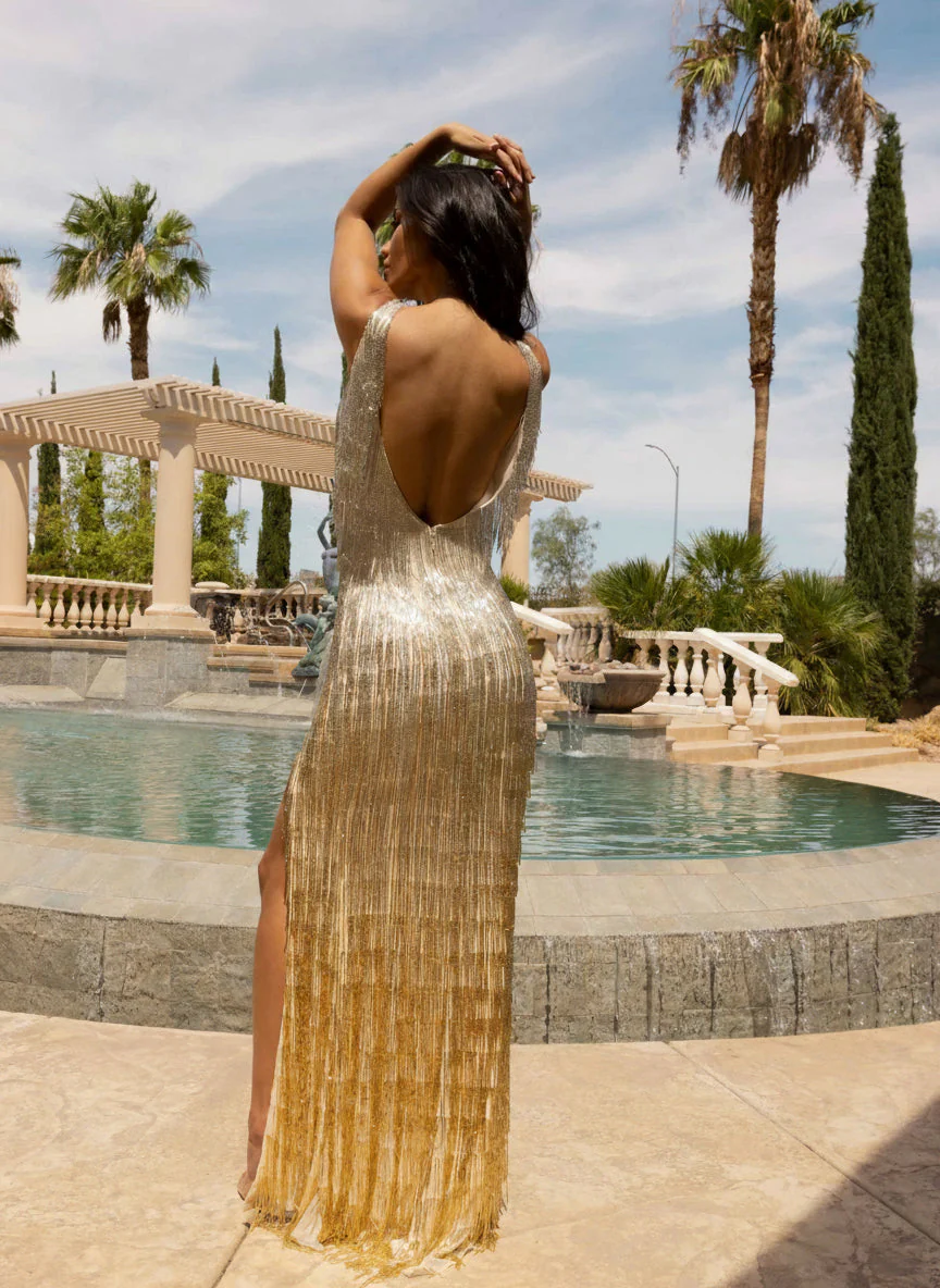 Primavera Couture 3919 Beaded Fringes Long Prom Dress - Image 4