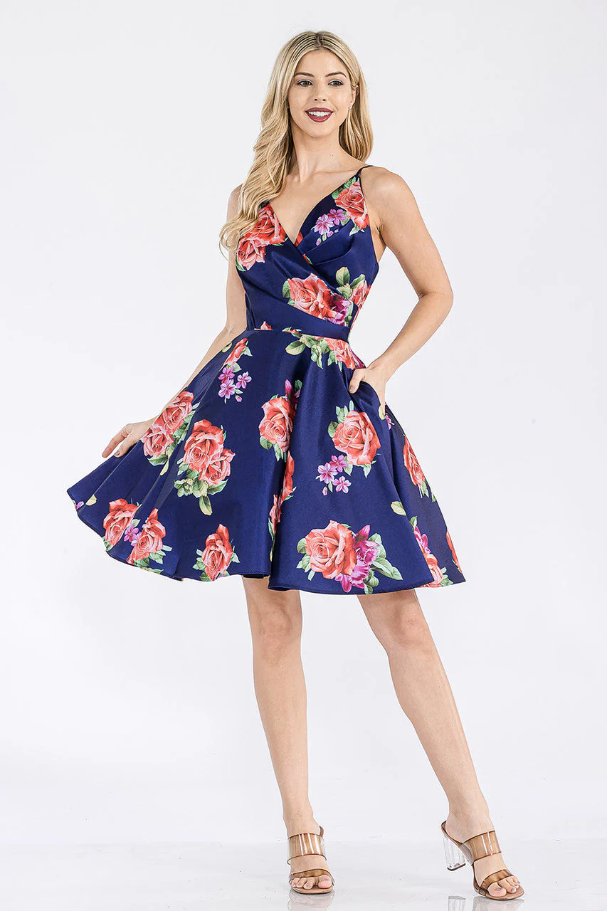 Lenovia 5307 Sleeveless V-Neck Print Taffeta A-line Dress