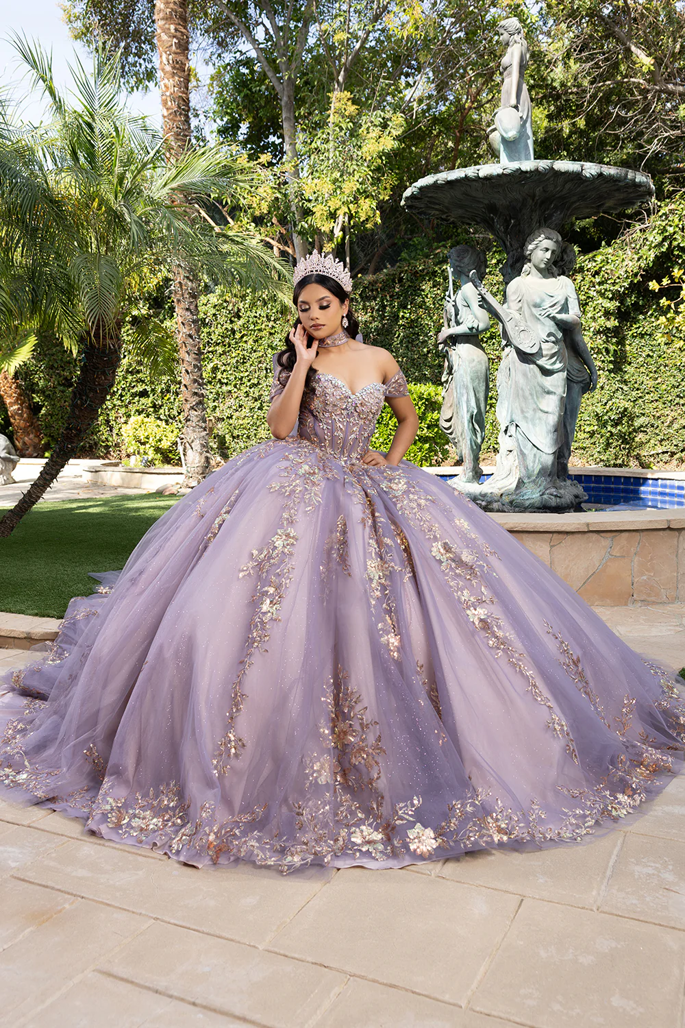 Quinceañera Ball Gown Off Shoulder Glitter Tulle Dress with 3D Floral Appliqués Long Train by Layla K LK292 - Image 8