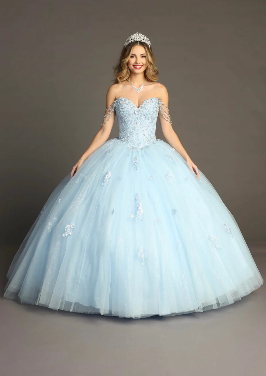Chicas HF3071 Printed Glitter Blue BallDress Strapless Tulle Dress
