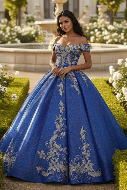 Off Shoulder Corset Back Embroidery Quince Gown - Image 3