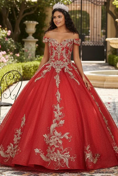 Off Shoulder Corset Back Embroidery Quince Gown - Image 5