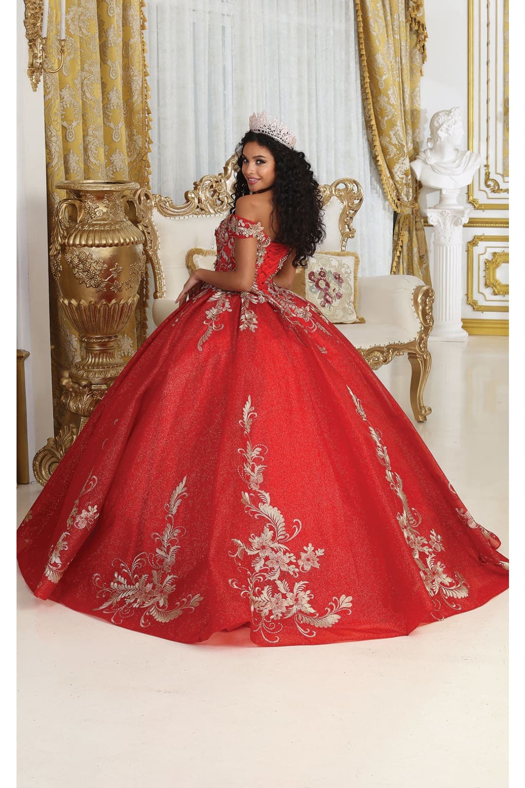 Off Shoulder Corset Back Embroidery Quince Gown - Image 9