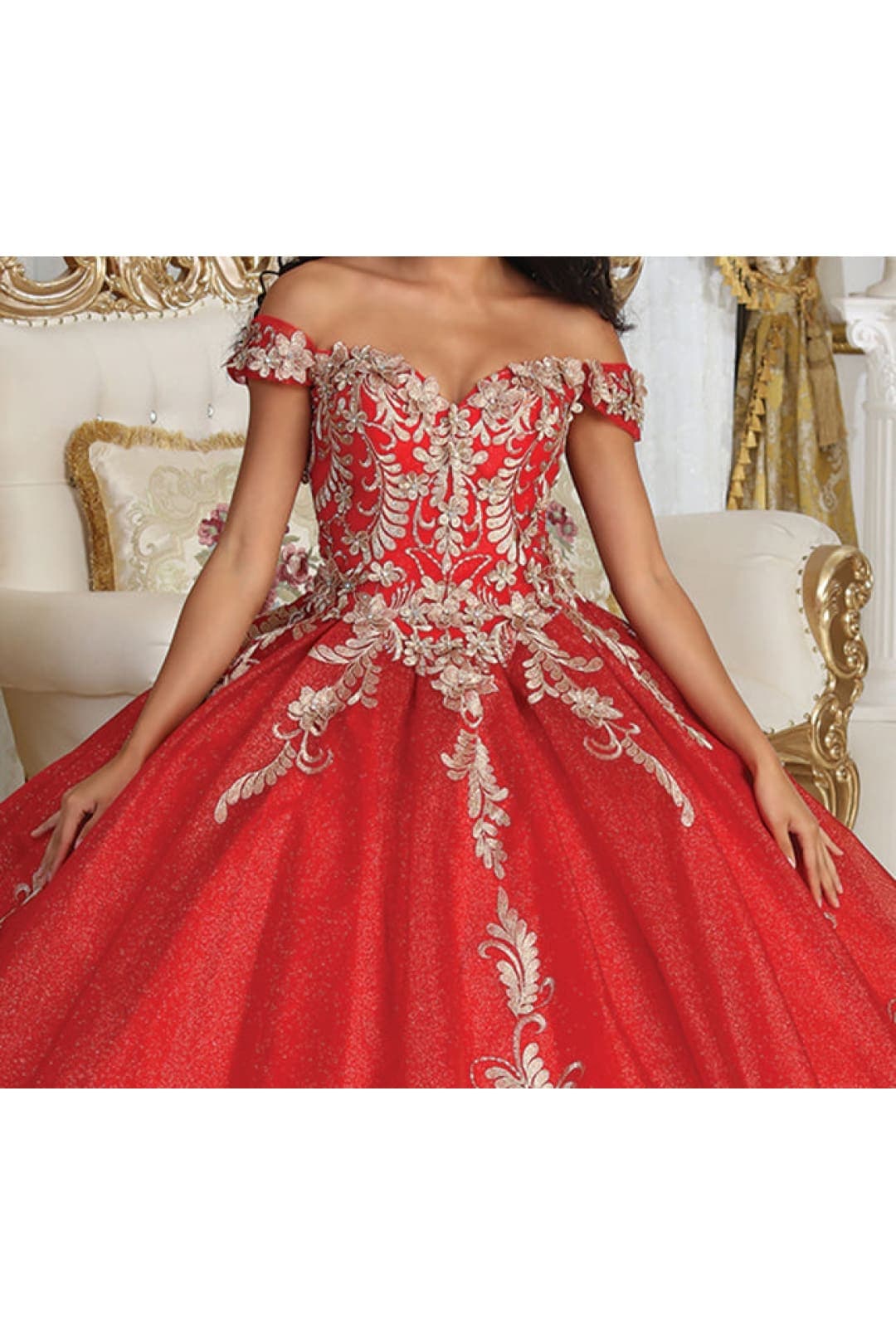 Off Shoulder Corset Back Embroidery Quince Gown - Image 12
