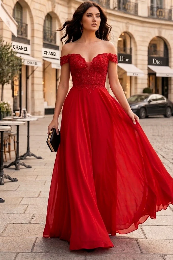 Red Bridesmaid Dresses-Inexpensive Chiffon Off Shoulder MQ1714 - Image 2
