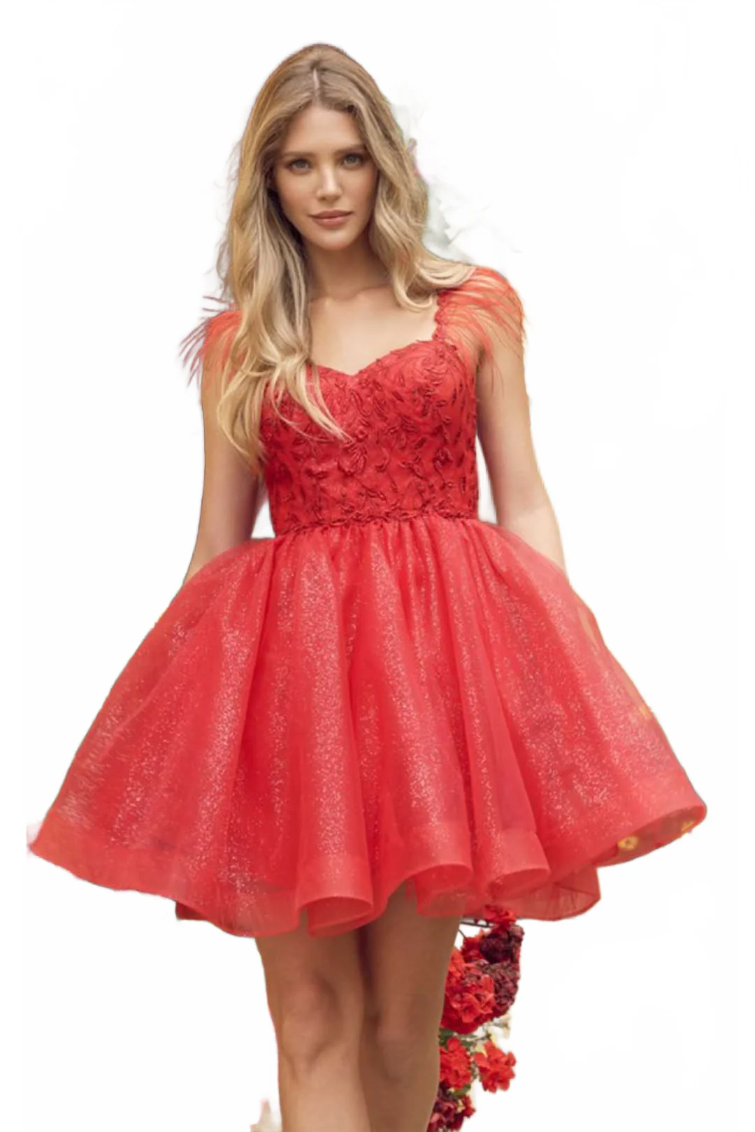 Red Bridesmaid Dresses-Inexpensive Feather-Embellished by Juliet 881 - Image 5