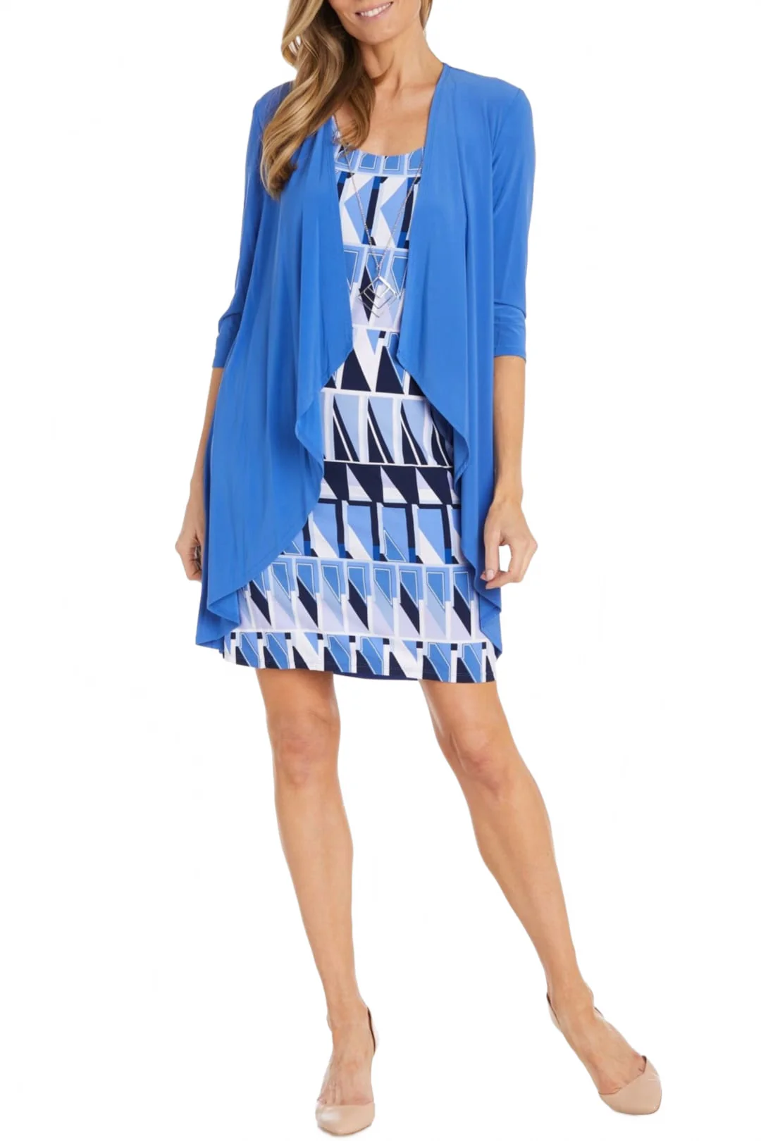 PERIWINKLE NAVY 3/4 Sleeve Geo-Print Jacket Dress Set 1027 - Image 4