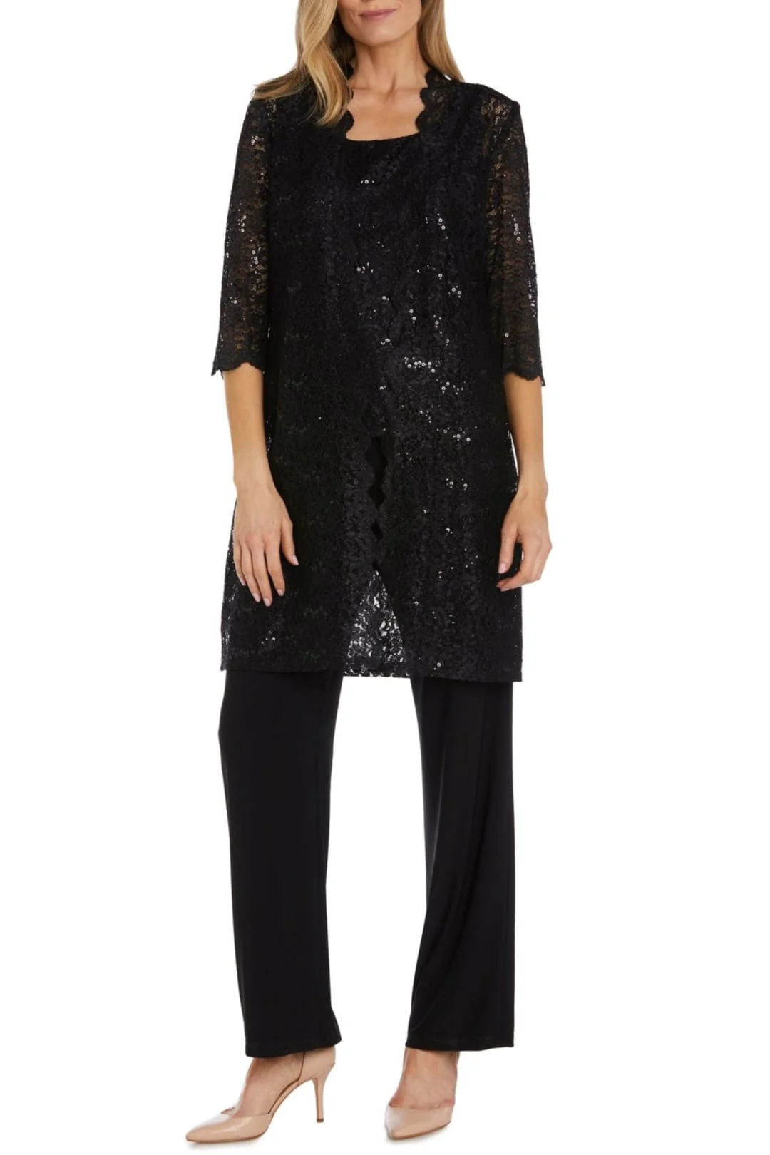 RM Richards 1993 BLACK Lace 3/4 Sleeve 3-Piece Pant Set