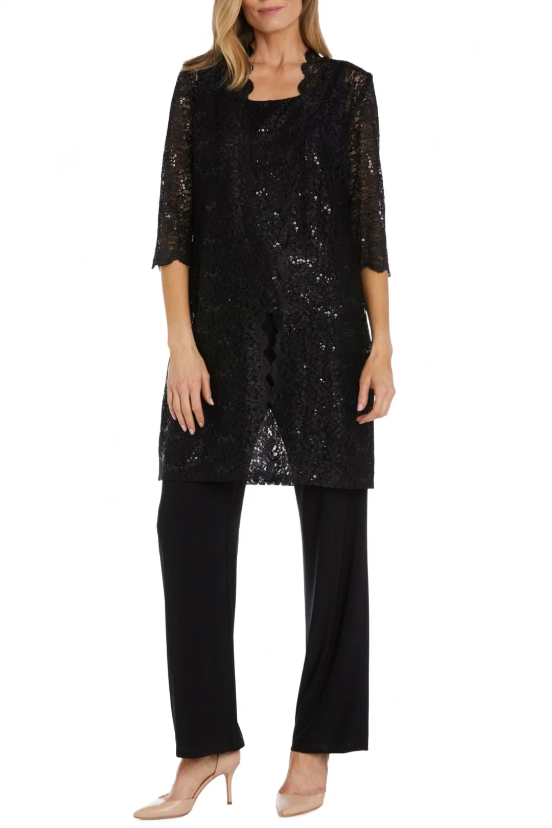 RM Richards 1993 BLACK Lace 3/4 Sleeve 3-Piece Pant Set - Image 3