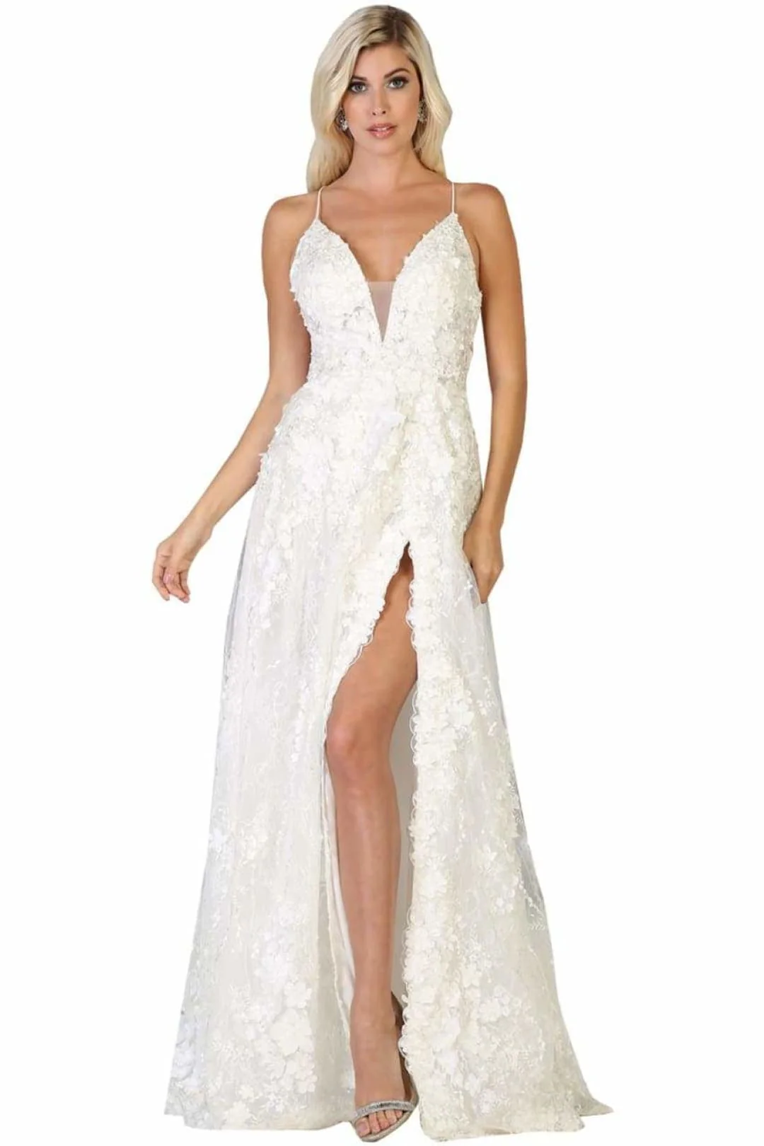 Royal Queen RQ7738 V Neck Floral Applique Thigh High Slit Prom Dress - Image 10