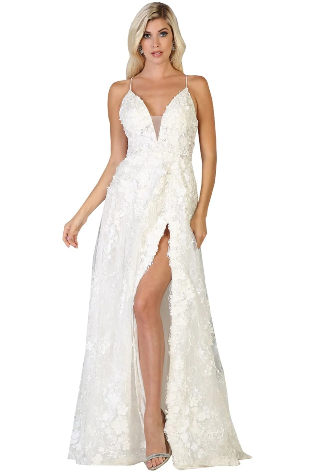 Royal Queen RQ7738 V Neck Floral Applique Thigh High Slit Prom Dress - Image 11