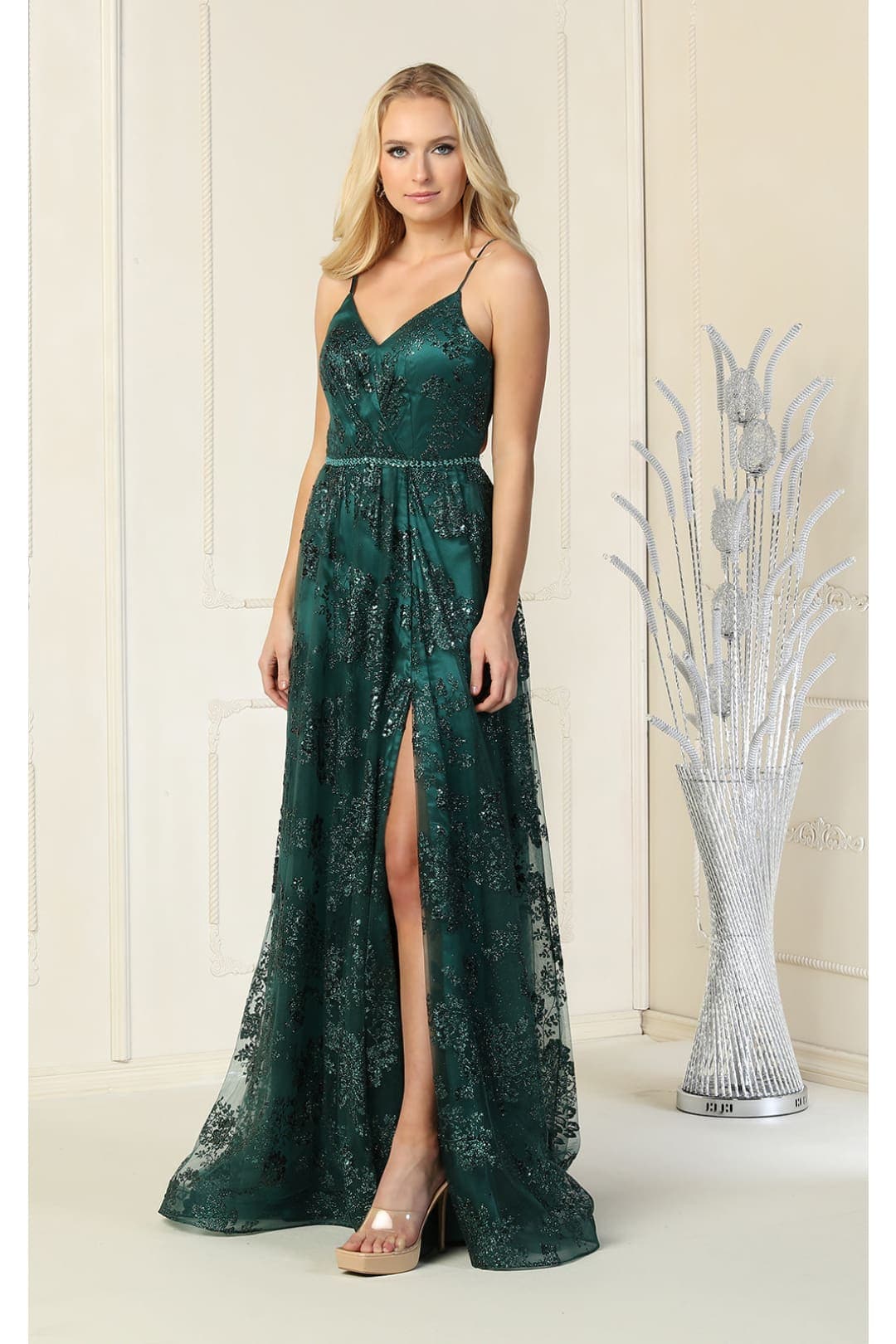 Royal Queen RQ7738 V Neck Floral Applique Thigh High Slit Prom Dress - Image 12