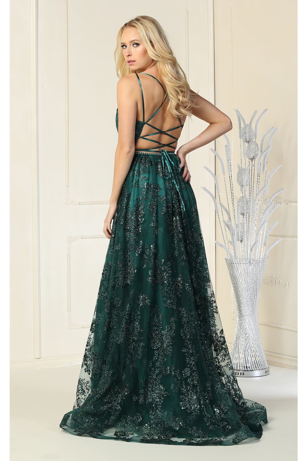 Royal Queen RQ7738 V Neck Floral Applique Thigh High Slit Prom Dress - Image 13
