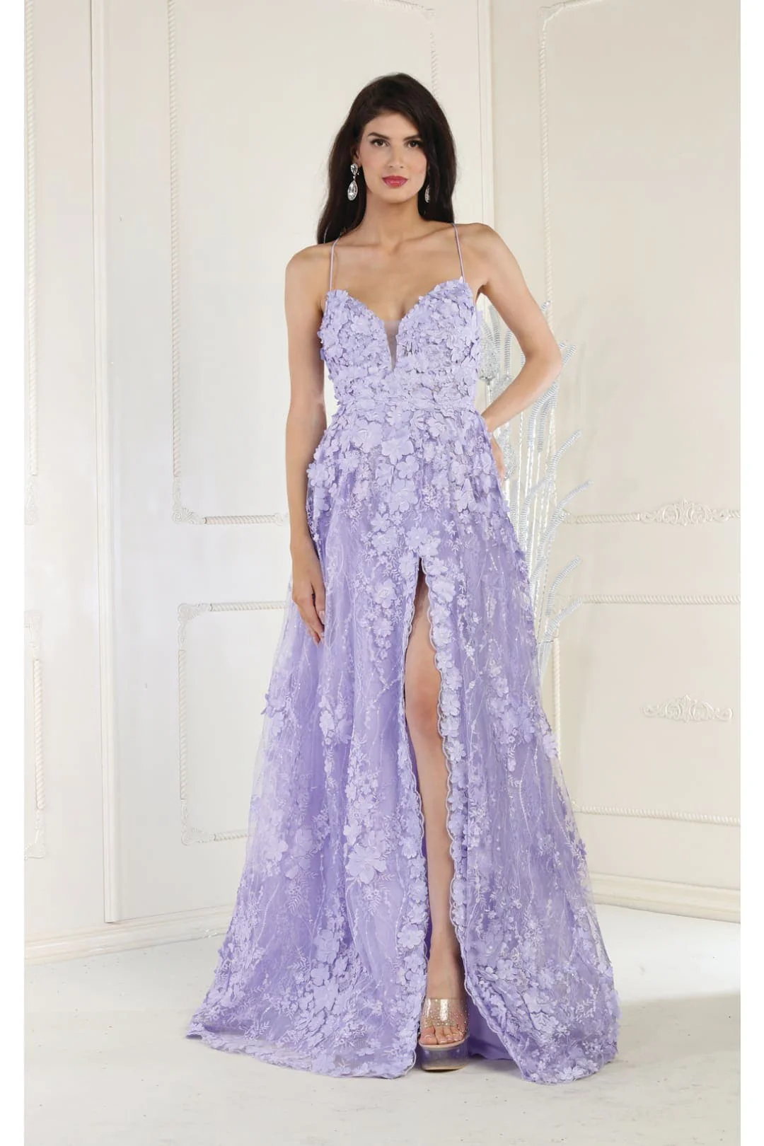 Royal Queen RQ7738 V Neck Floral Applique Thigh High Slit Prom Dress - Image 14