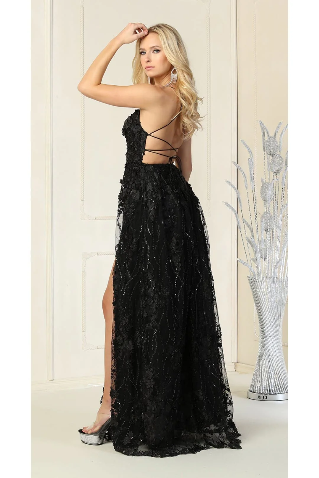Royal Queen RQ7738 V Neck Floral Applique Thigh High Slit Prom Dress - Image 4