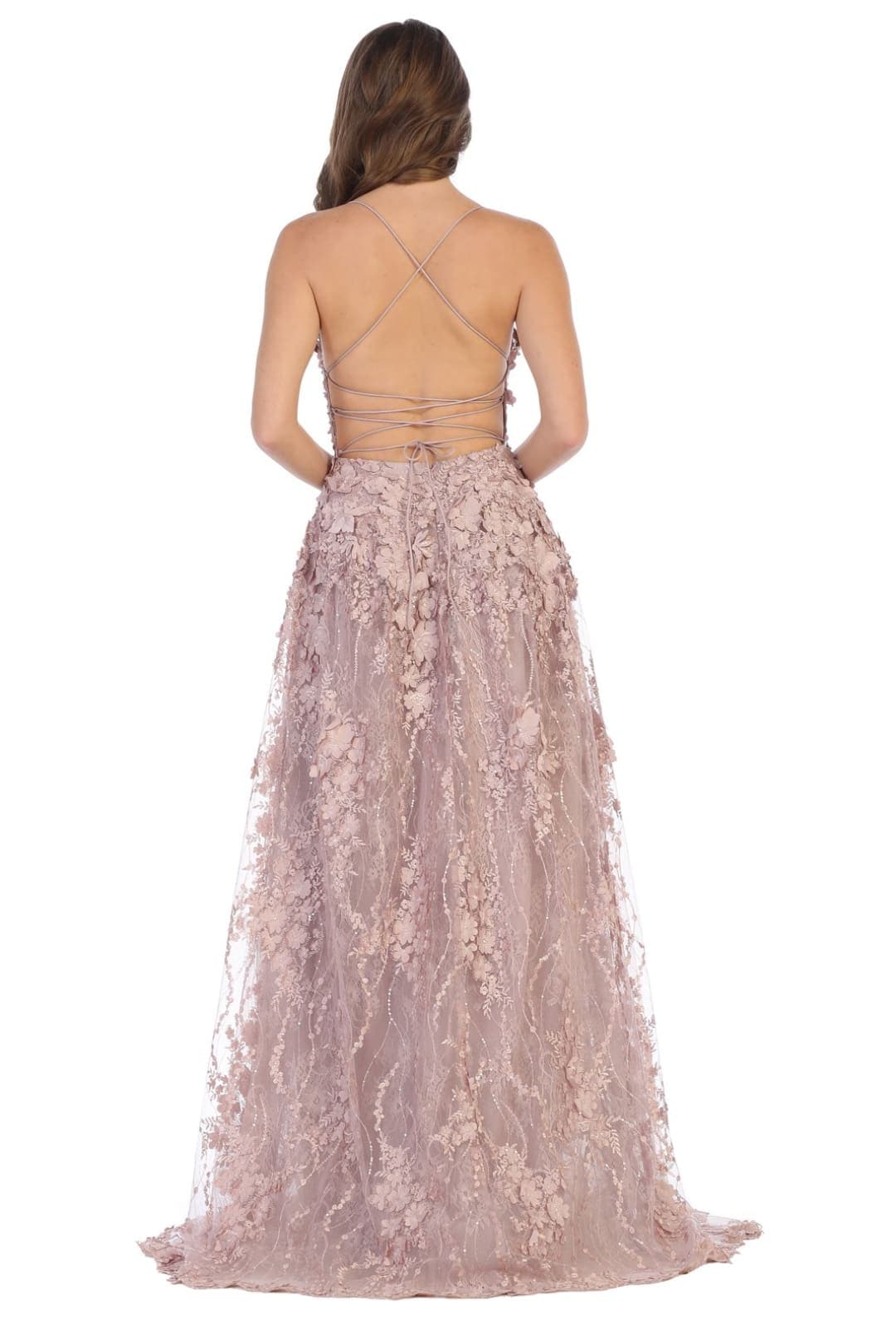 Royal Queen RQ7738 V Neck Floral Applique Thigh High Slit Prom Dress - Image 6