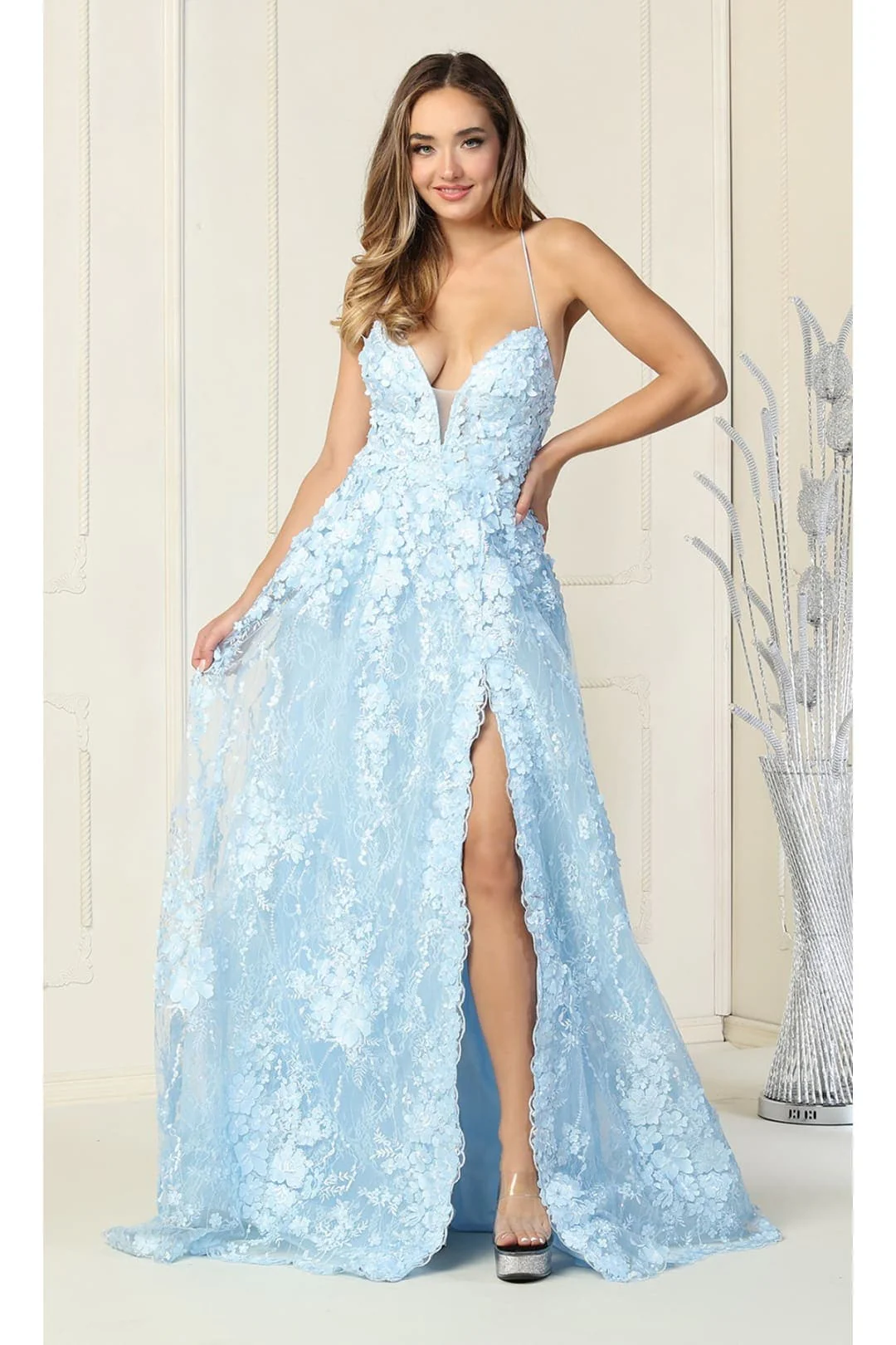 Royal Queen RQ7738 V Neck Floral Applique Thigh High Slit Prom Dress - Image 7