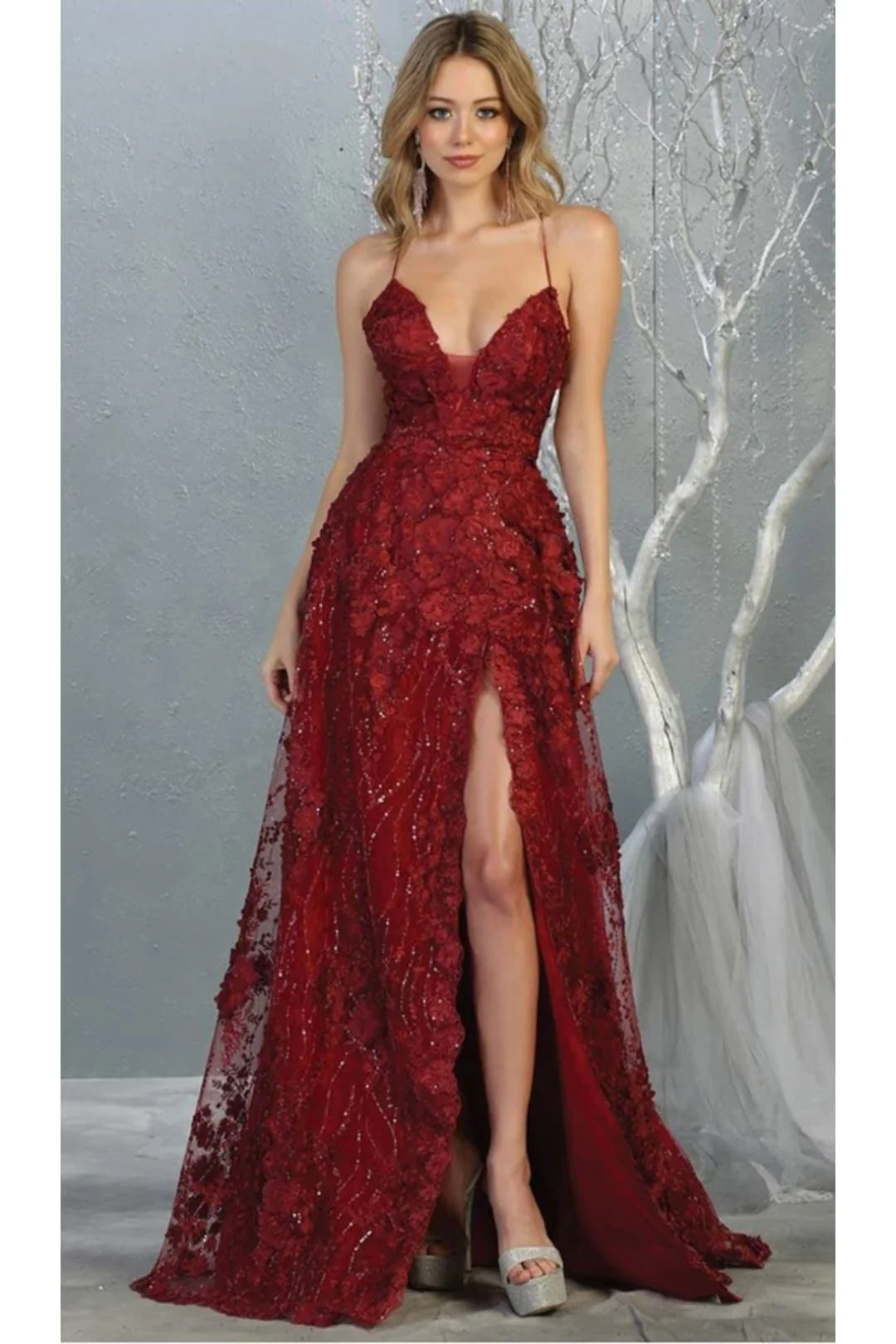 Royal Queen RQ7738 V Neck Floral Applique Thigh High Slit Prom Dress - Image 8