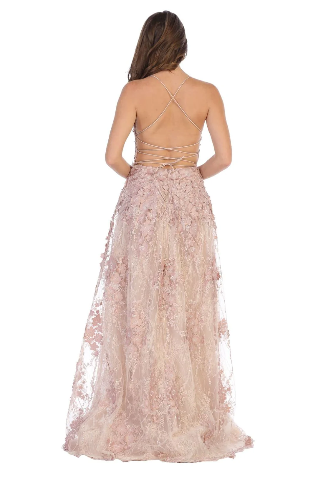 Royal Queen RQ7738 V Neck Floral Applique Thigh High Slit Prom Dress - Image 9
