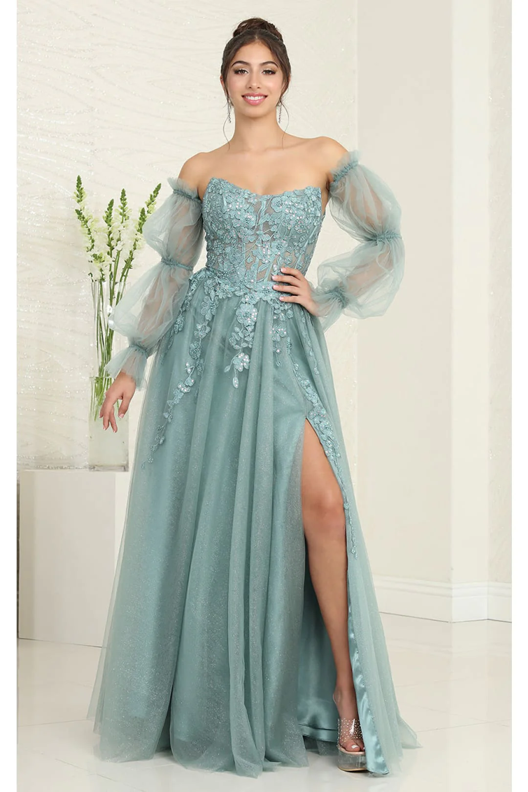 Royal Queen RQ8060 Strapless Puffy Detachable Sleeves A-line Sage Gown - Image 3