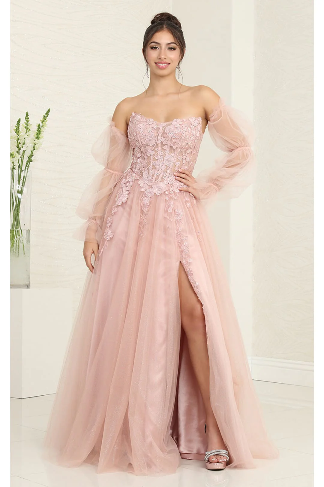Royal Queen RQ8060 Strapless Puffy Detachable Sleeves A-line Sage Gown - Image 5