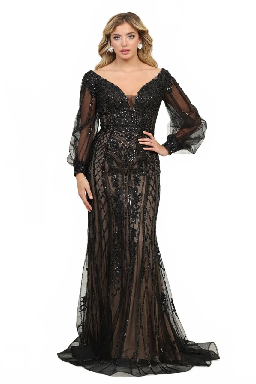 Royal Queen RQ8125 Sequin V-Neck Long Sleeve Evening Gown - Image 14
