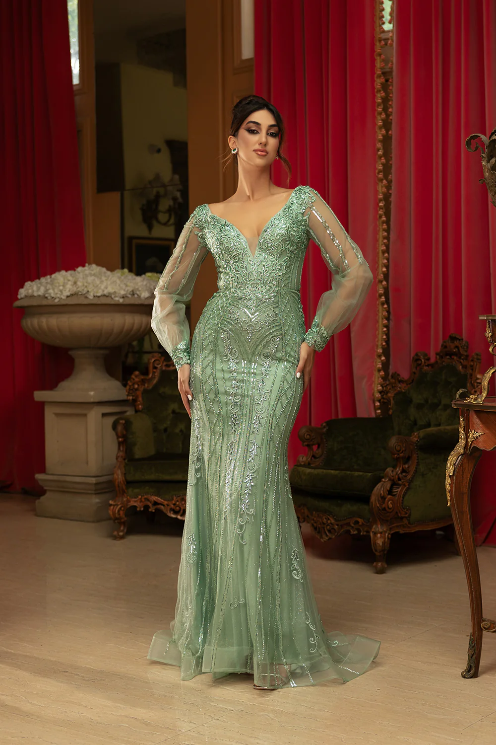 Royal Queen RQ8125 Sequin V-Neck Long Sleeve Evening Gown - Image 4