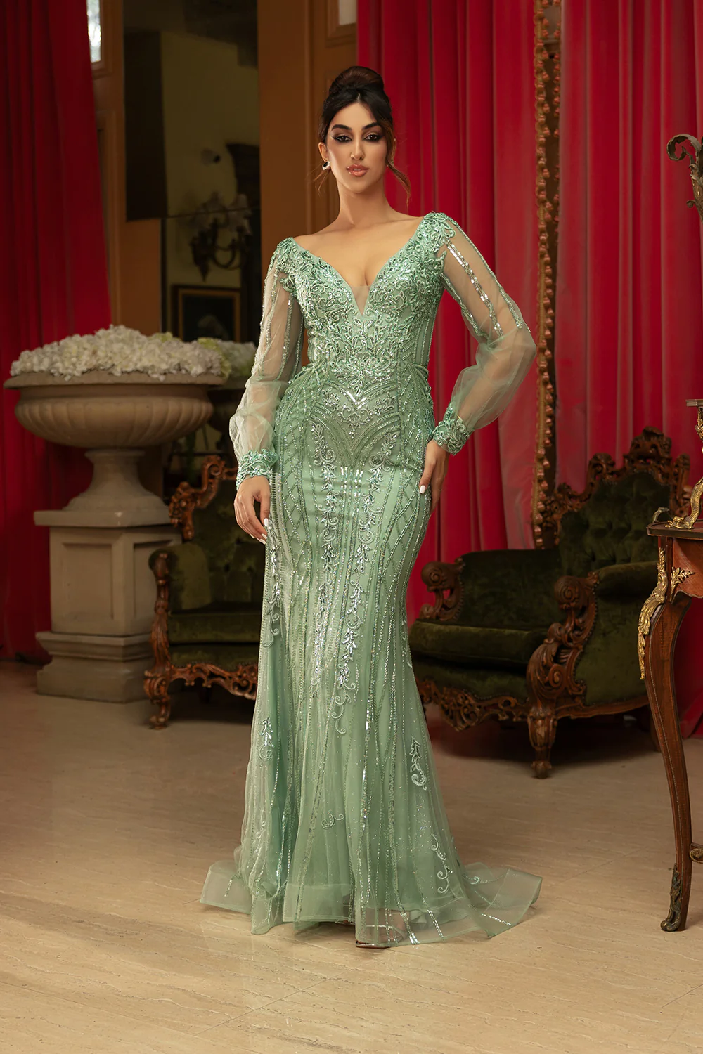 Royal Queen RQ8125 Sequin V-Neck Long Sleeve Evening Gown - Image 5