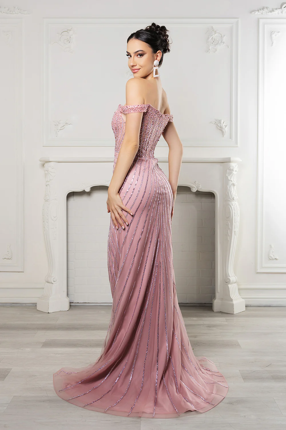 Royal Queen RQ8195 Off-Shoulder Sequin Beaded Evening Gown with High Slit - Image 9