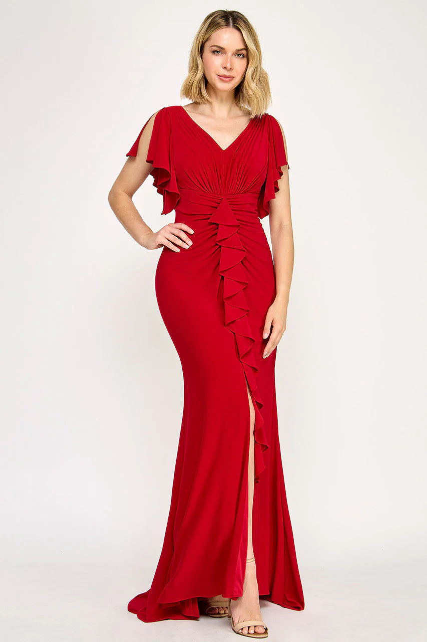 Lenovia 8376 Ruffled Short Sleeve Drape Sleeve Stretch Knit Dress - Image 3