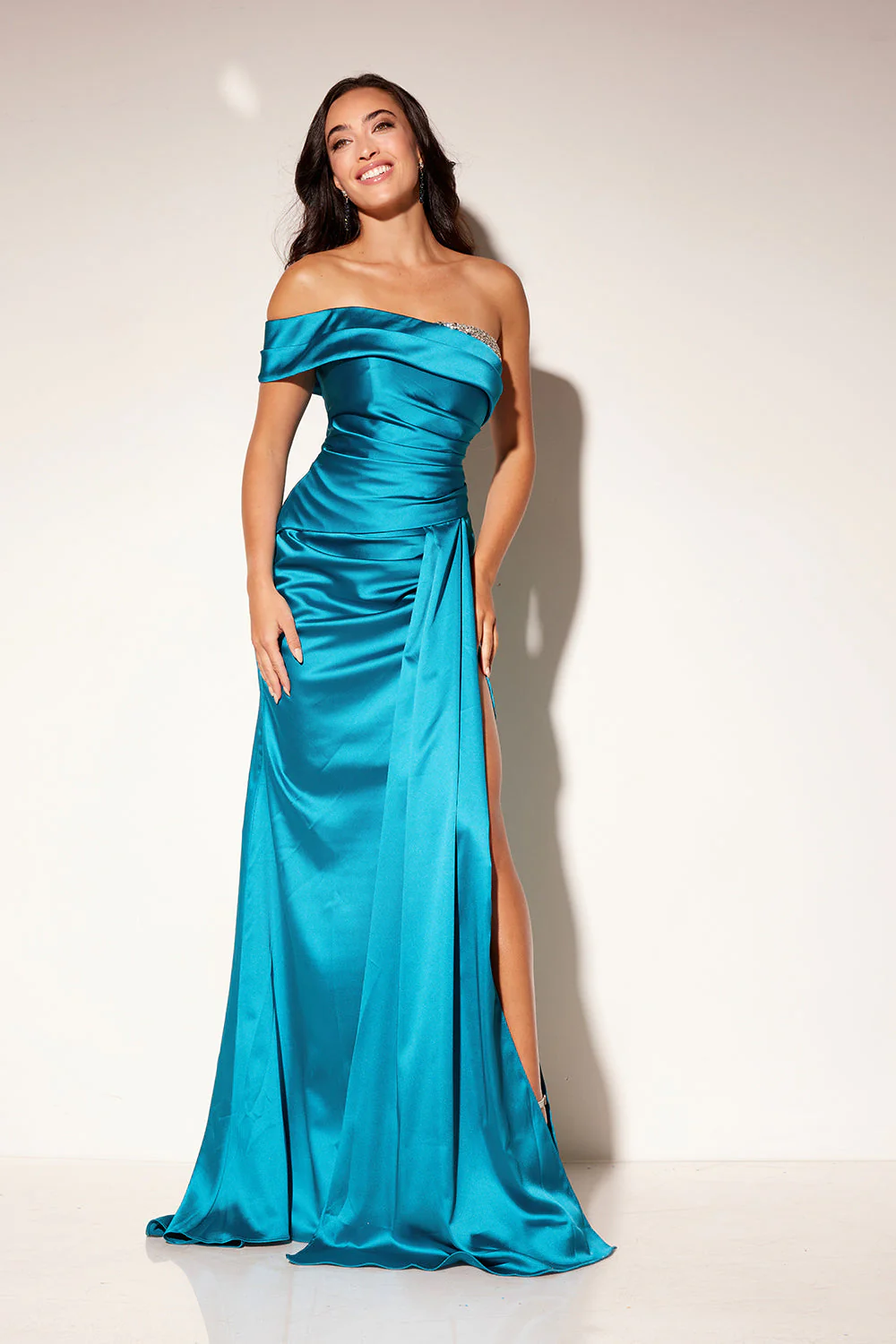 Satin Fitted Off Shoulder Slit Gown by Lucci Lu 1316 - Image 3