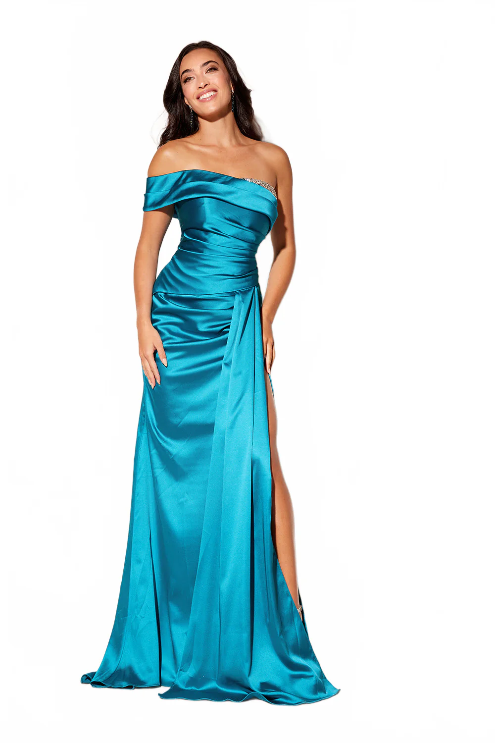 Satin Fitted Off Shoulder Slit Gown by Lucci Lu 1316 - Image 5