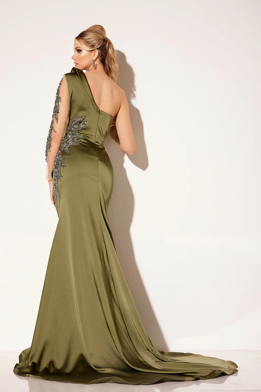Satin Fitted One Shoulder Slit Gown by Lucci Lu C8094 - Image 2