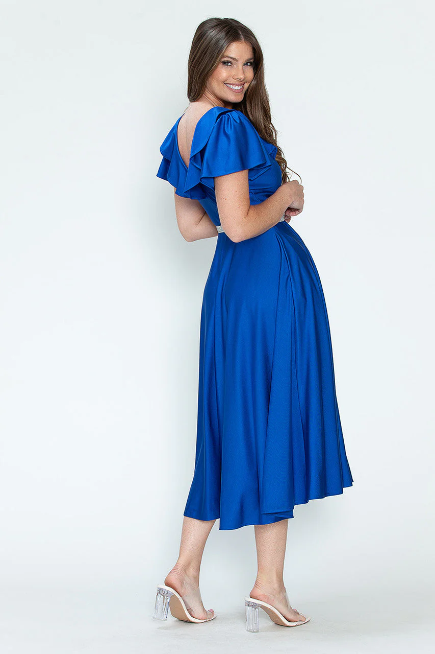 Lenovia 5295 Ruffled Satin Short Sleeve A-Line Tea Length Dress - Image 2