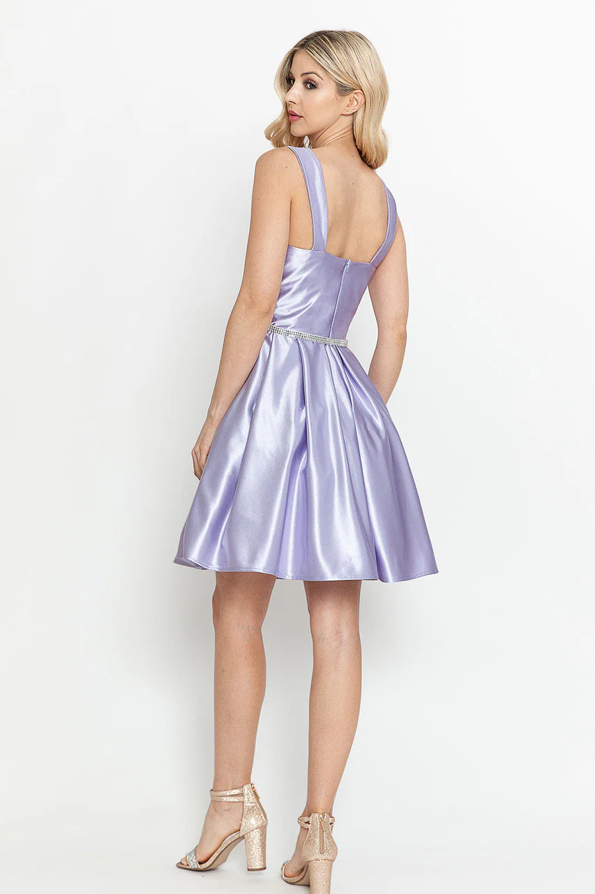 Lenovia 3071 Short Sleeveless Satin A-Line Dress with Structured Bodice - Image 2