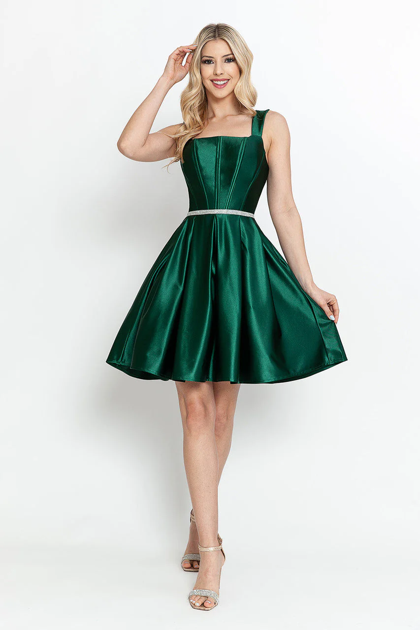 Lenovia 3071 Short Sleeveless Satin A-Line Dress with Structured Bodice - Image 6