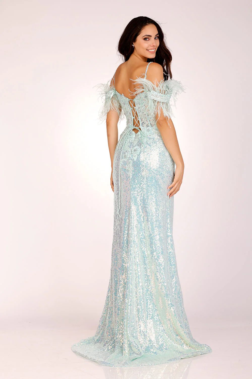 Sequin Feather Off Shoulder Slit Gown by Lucci Lu 1282 - Image 2