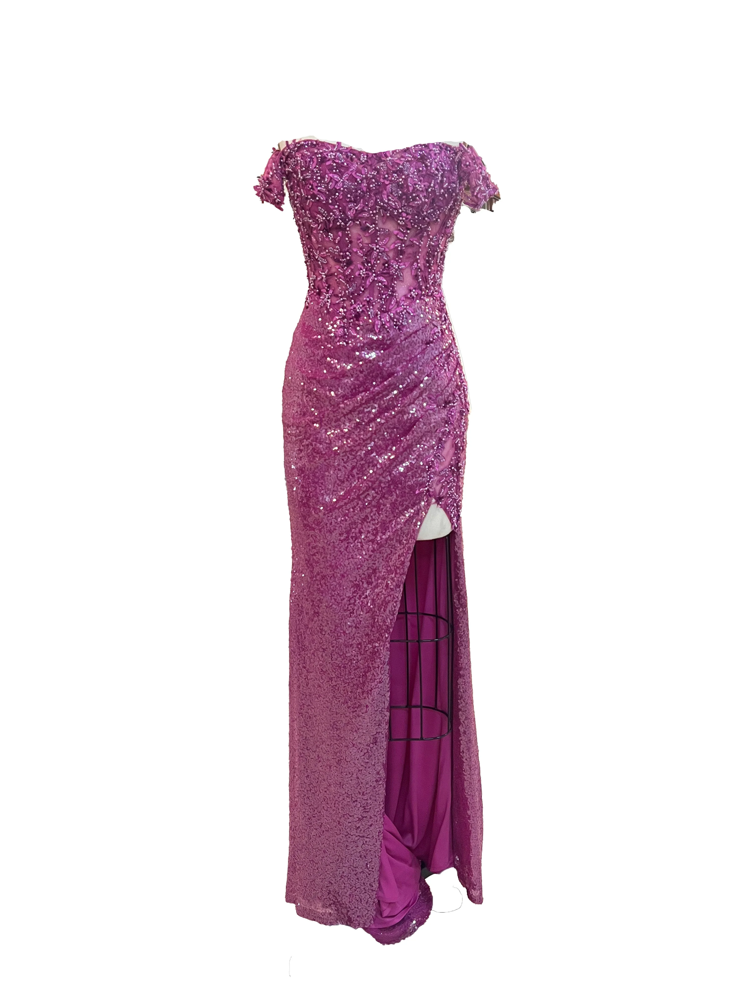 Sequin Fitted Off Shoulder Slit Gown by Lucci Lu 1308 - Image 6