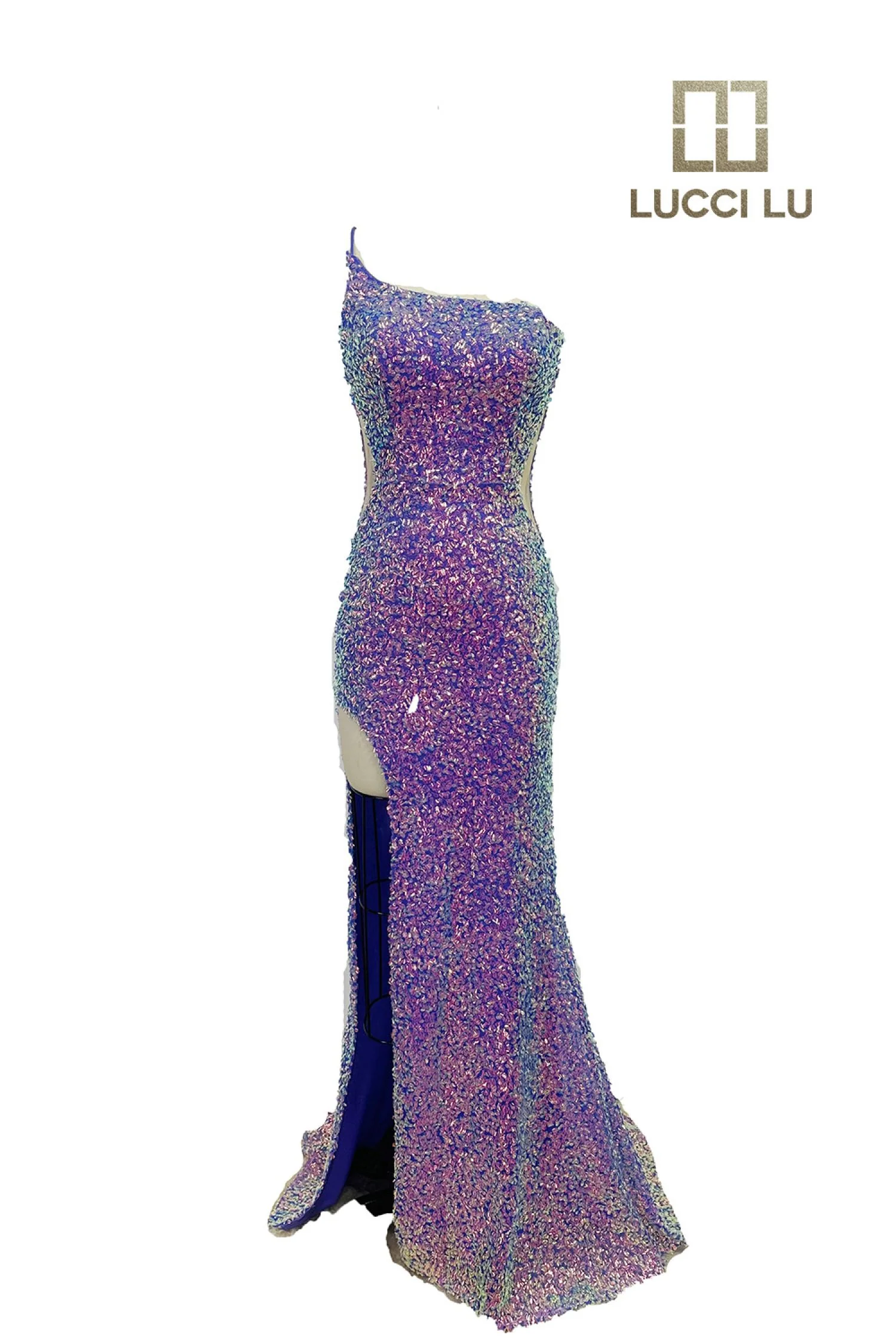 Sequin Fitted One Shoulder Slit Gown by Lucci Lu 1333 - Image 8