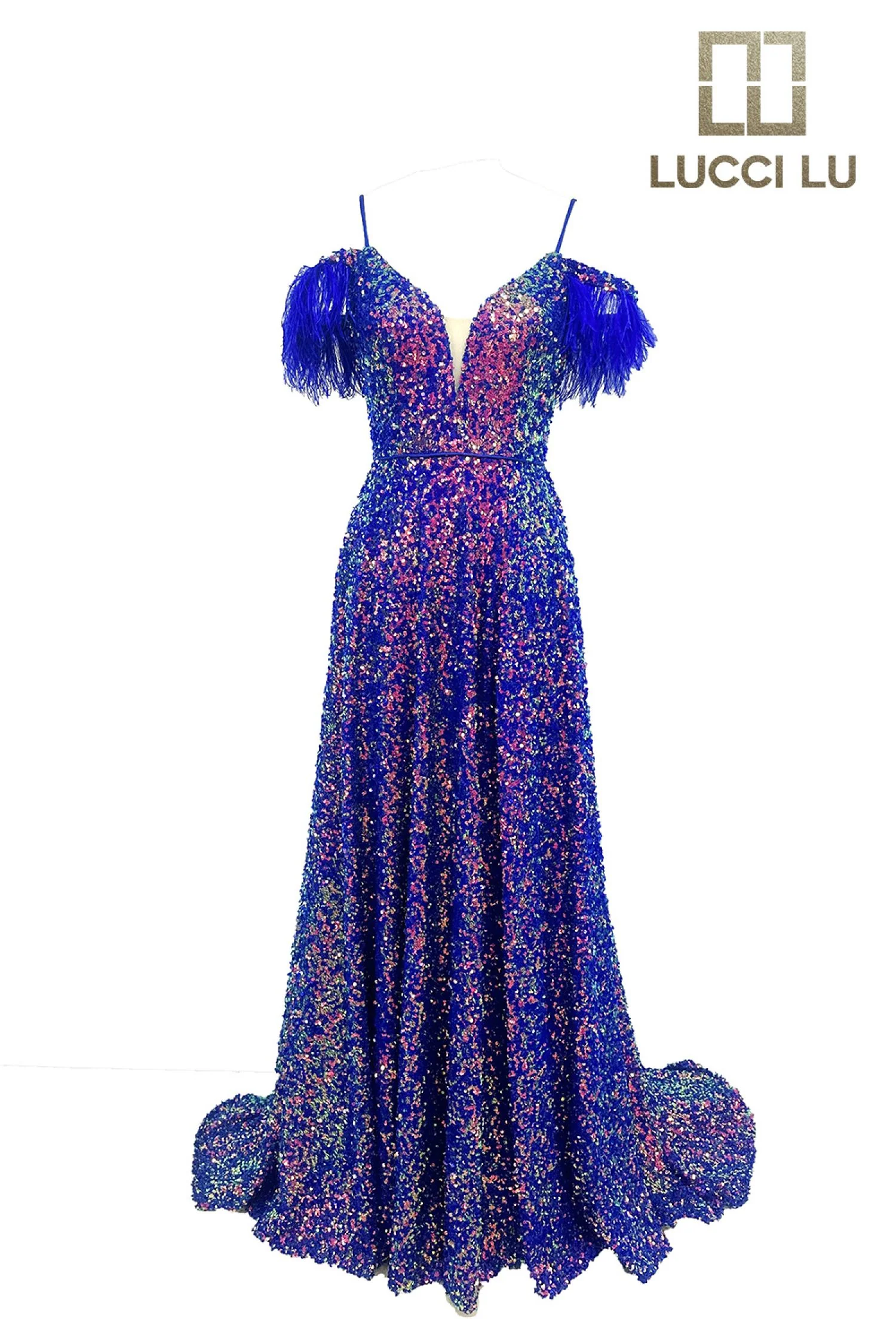 Sequin Off Shoulder A-line Slit Gown by Lucci Lu 1305 - Image 3