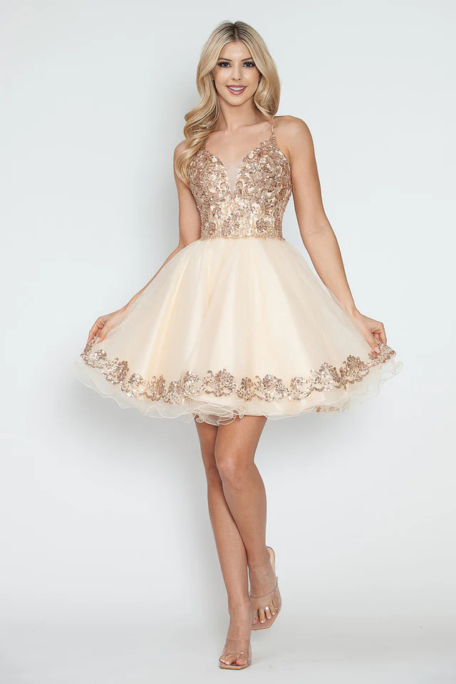 Sequin Short Tulle Homecoming Dress with Spaghetti Straps By Lenovia 8238 - Image 3